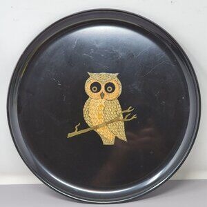 Vintage Couroc Of Monterey Owl Serving Tray Round Black & Gold Durable